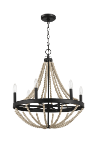 Starry Wood Chandelier Farmhouse Six Candle Light Wood Beaded Black Pendant Light for Dining Room