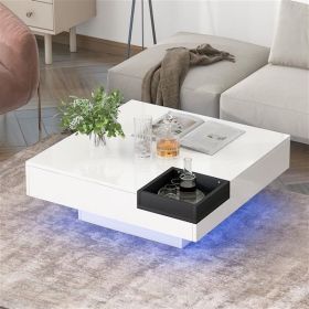 Modern Minimalist Design 31.5*31.5in Square Coffee Table with Detachable Tray and Plug-in 16-color LED Strip Lights Remote Control for Living Room