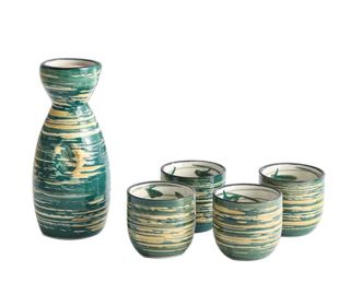 5 Pcs Ceramic Japanese Sake Set Traditional 1 Tokkuri Bottle & 4 Ochoko Cups [N]