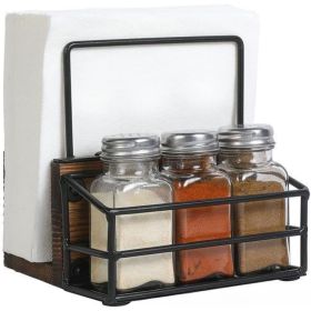 Napkin Holder, Wooden Farmhouse Napkin Holder for Table with Three Glass Seasoning Shaker